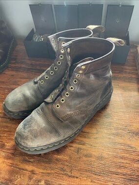 Dr. Martens Brown Leather Lace-Up Boots with Yellow Stitching